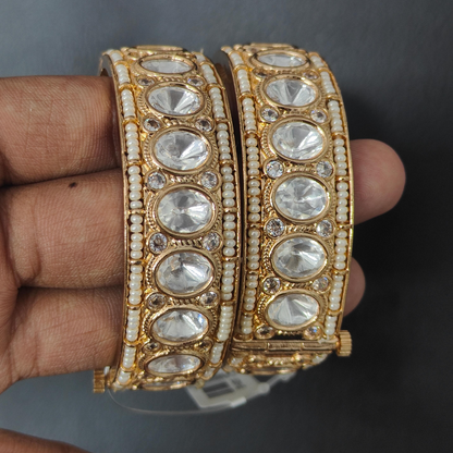 Gold plated Kundan and pearl studded handcrafted bridal bangles for women