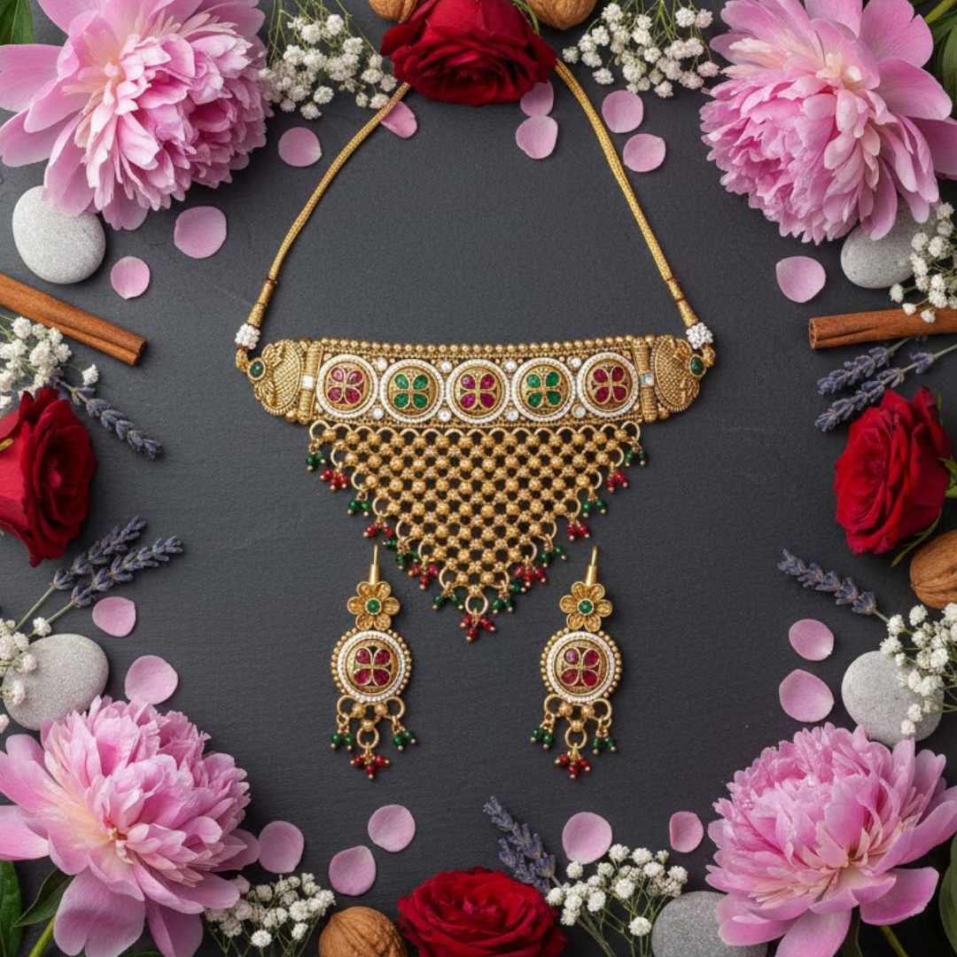 Traditional Multicolour Beads & Floral Design Jewellery with Earrings