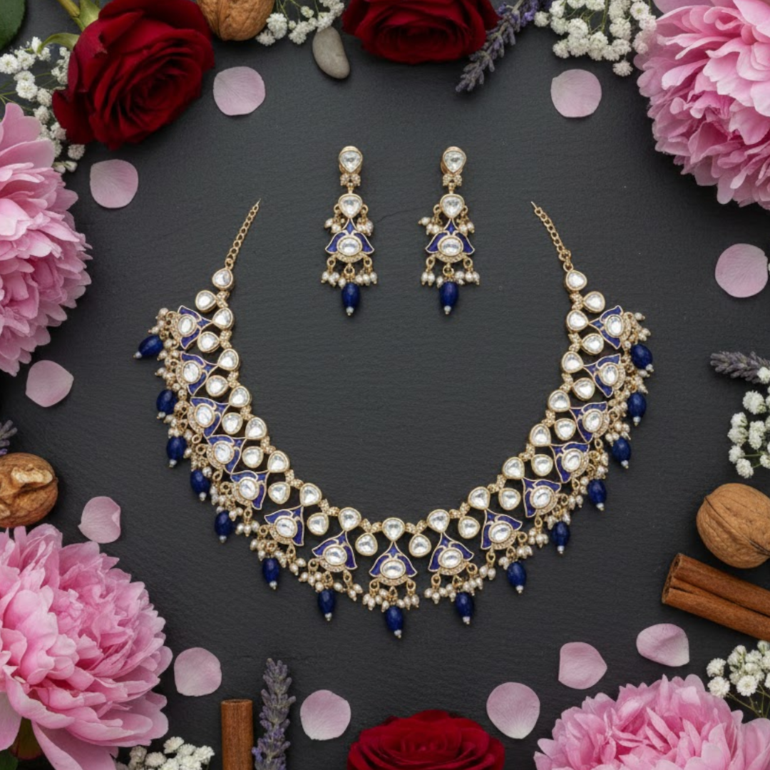Gold-Plated Kundan Necklace Set With Earrings