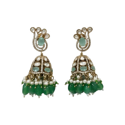 Antique gold Kundan jhumka earrings featuring aqua green stones, pearl accents, and green bead drops for women.
