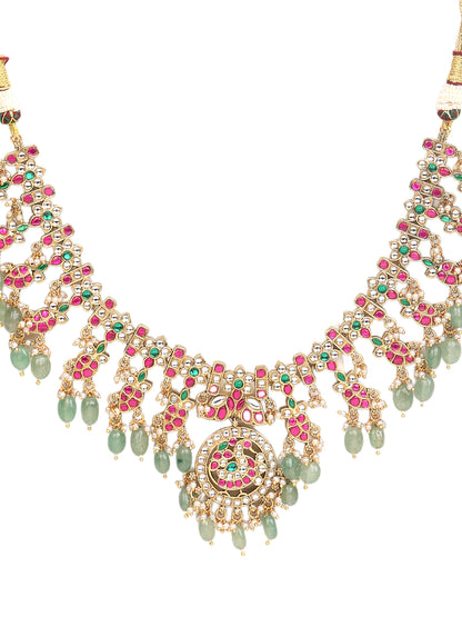 Gold Plated Kundan Necklace Set with Pink & Green Stones and Drop Beads