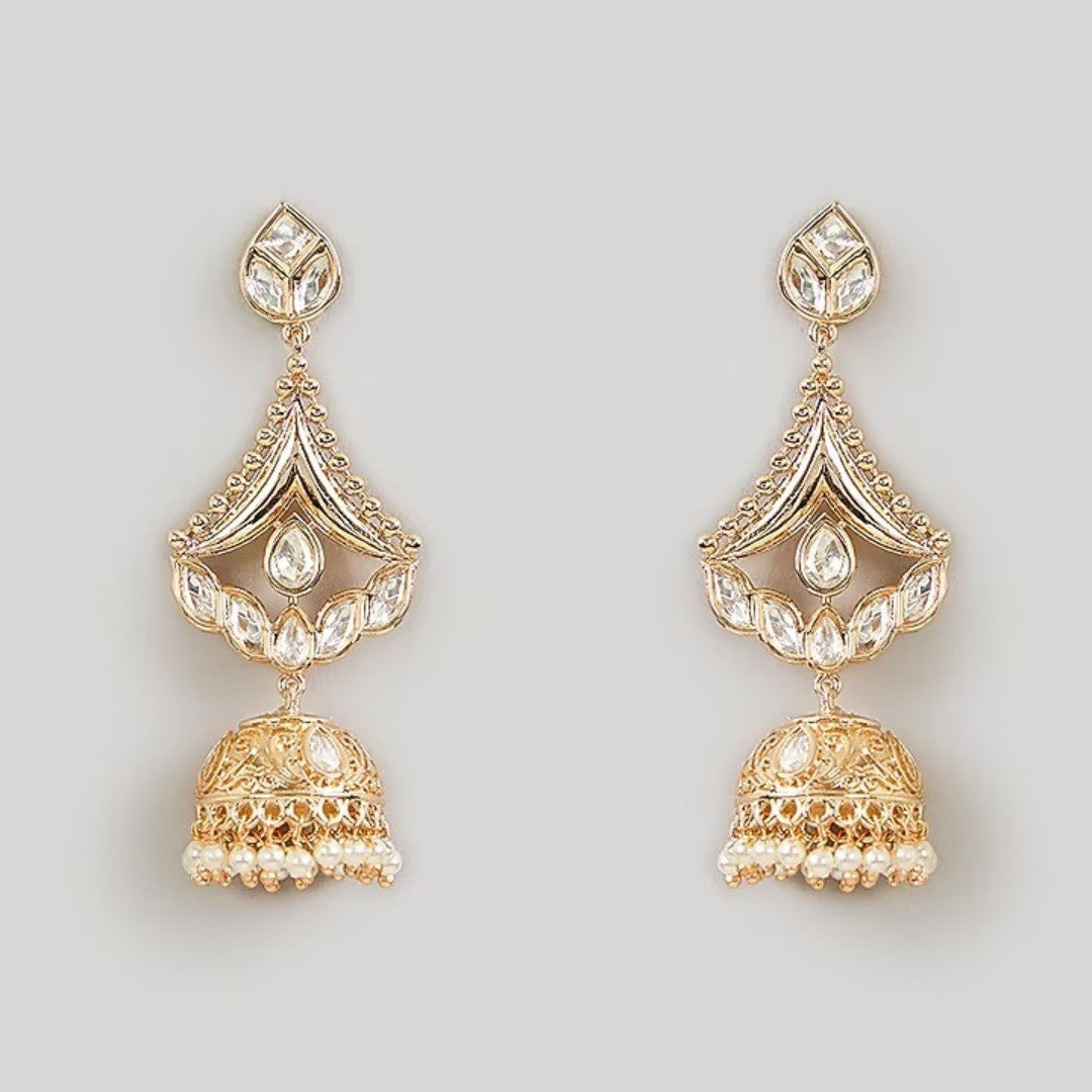 Gold-plated Kundan jhumka earrings with teardrop stones and pearl drops for women