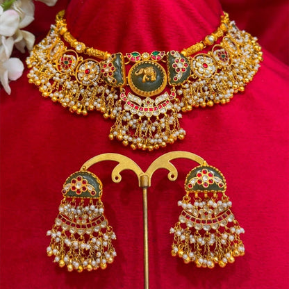 "Antique gold meenakari choker necklace set with elephant motif and matching pearl jhumka earrings, traditional bridal jewellery"