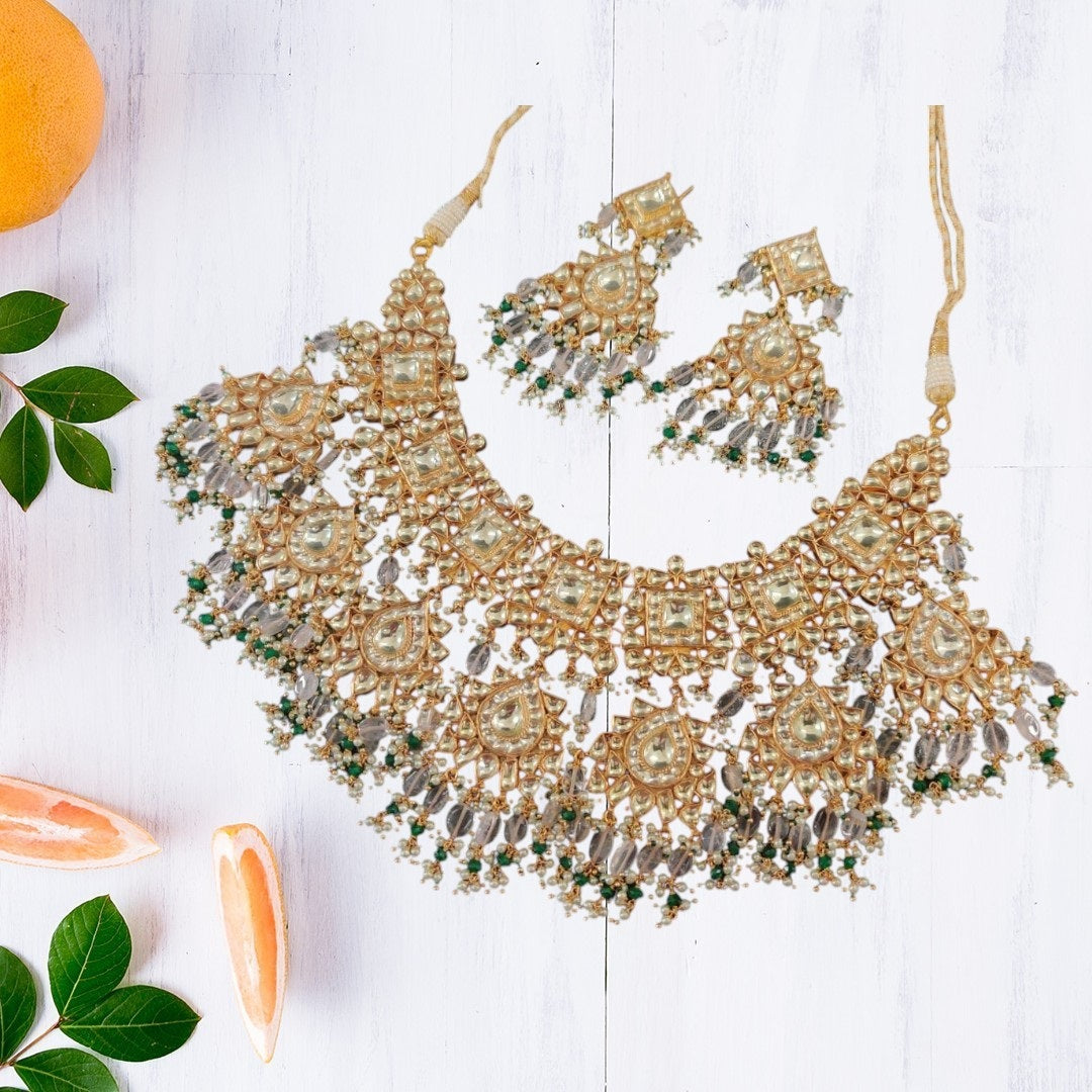 Luxury Kundan Choker Necklace Set with Grey Beads & Statement Earrings