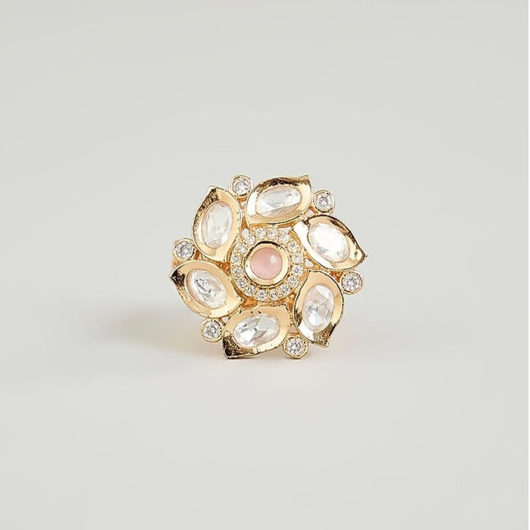 Gold-plated floral Kundan adjustable ring with white stones and pink center stone for women