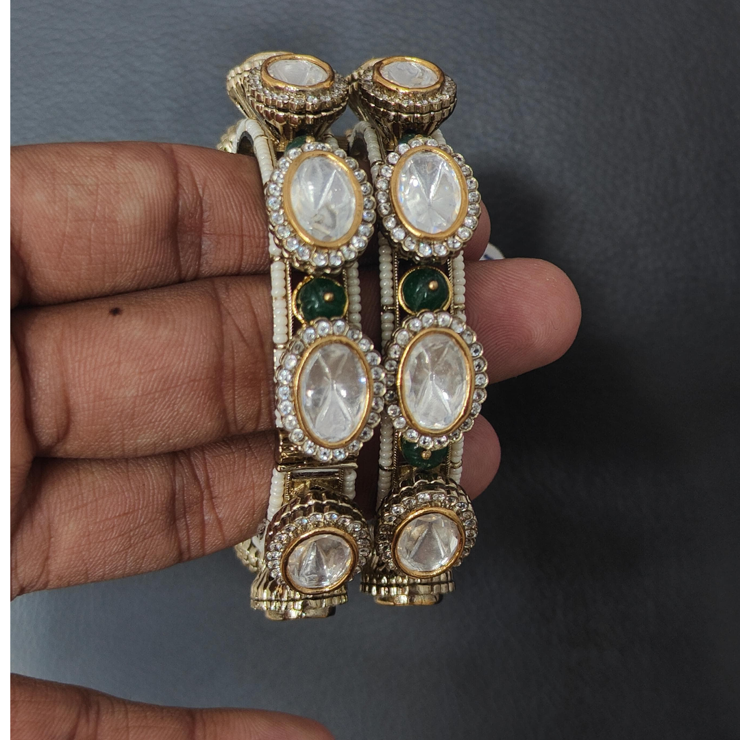 Gold-Plated Kundan & Green Stone Embellished Traditional Bangles for Women
