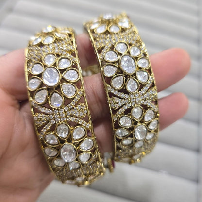 Gold-plated Kundan floral bangles with white stones for women – perfect for weddings and traditional wear