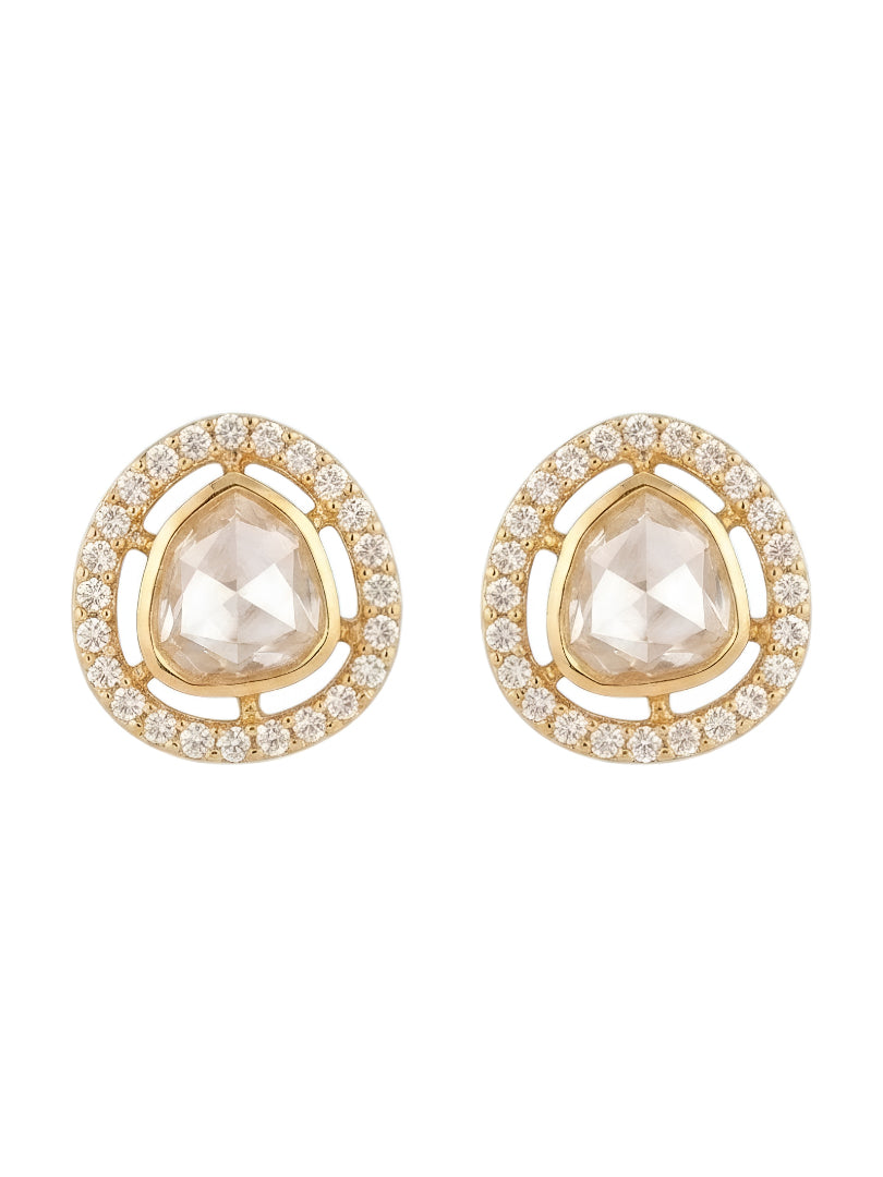 Shop elegant gold-plated polki stud earrings with rose-cut crystal center and CZ halo. Perfect minimal earrings for daily & festive wear. Buy now!