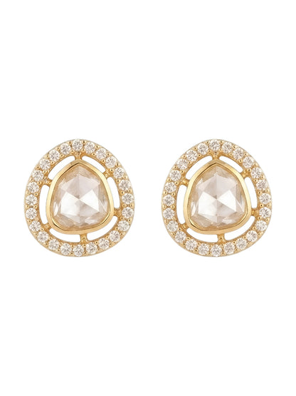 Shop elegant gold-plated polki stud earrings with rose-cut crystal center and CZ halo. Perfect minimal earrings for daily & festive wear. Buy now!