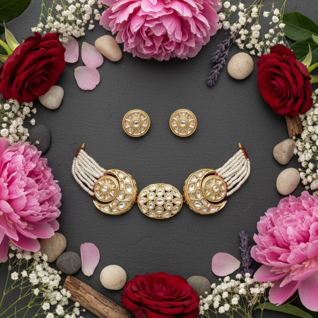 Traditional Kundan Pearl Choker Necklace Set for Women