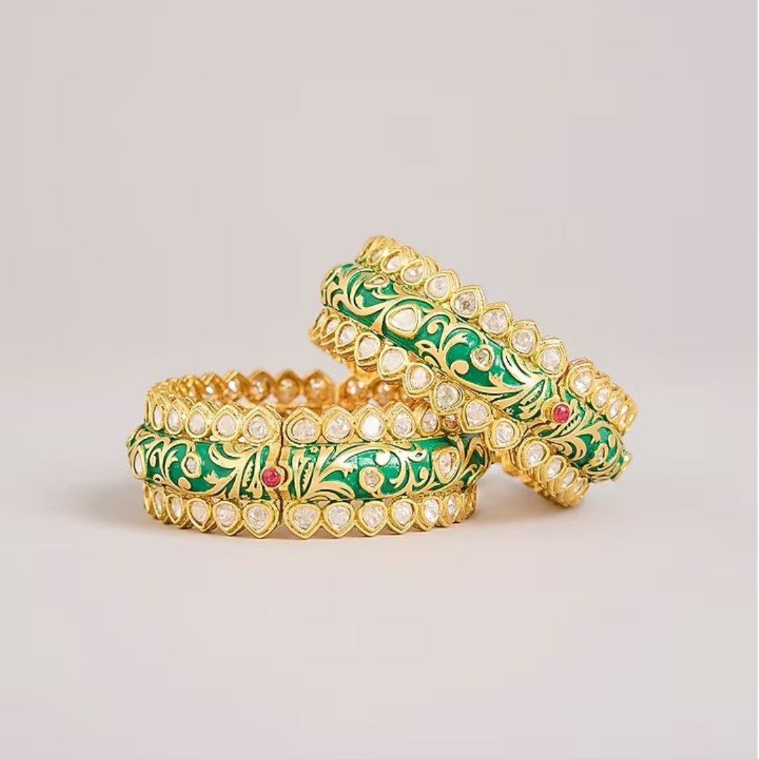 Green Meenakari-inspired AD studded gold tone designer bangle set with floral detailing