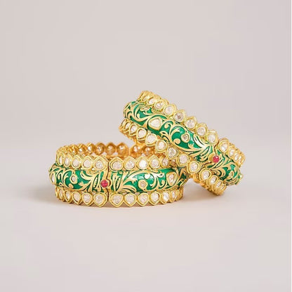 Green Meenakari-inspired AD studded gold tone designer bangle set with floral detailing