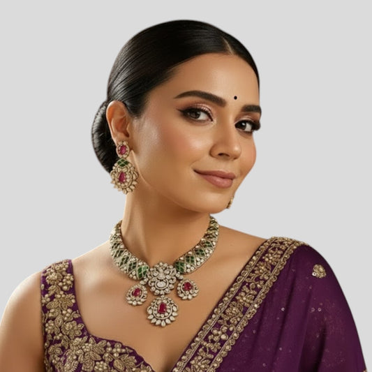 Gold-Plated Green & Ruby Stone Kundan Necklace Set with Earrings for Women