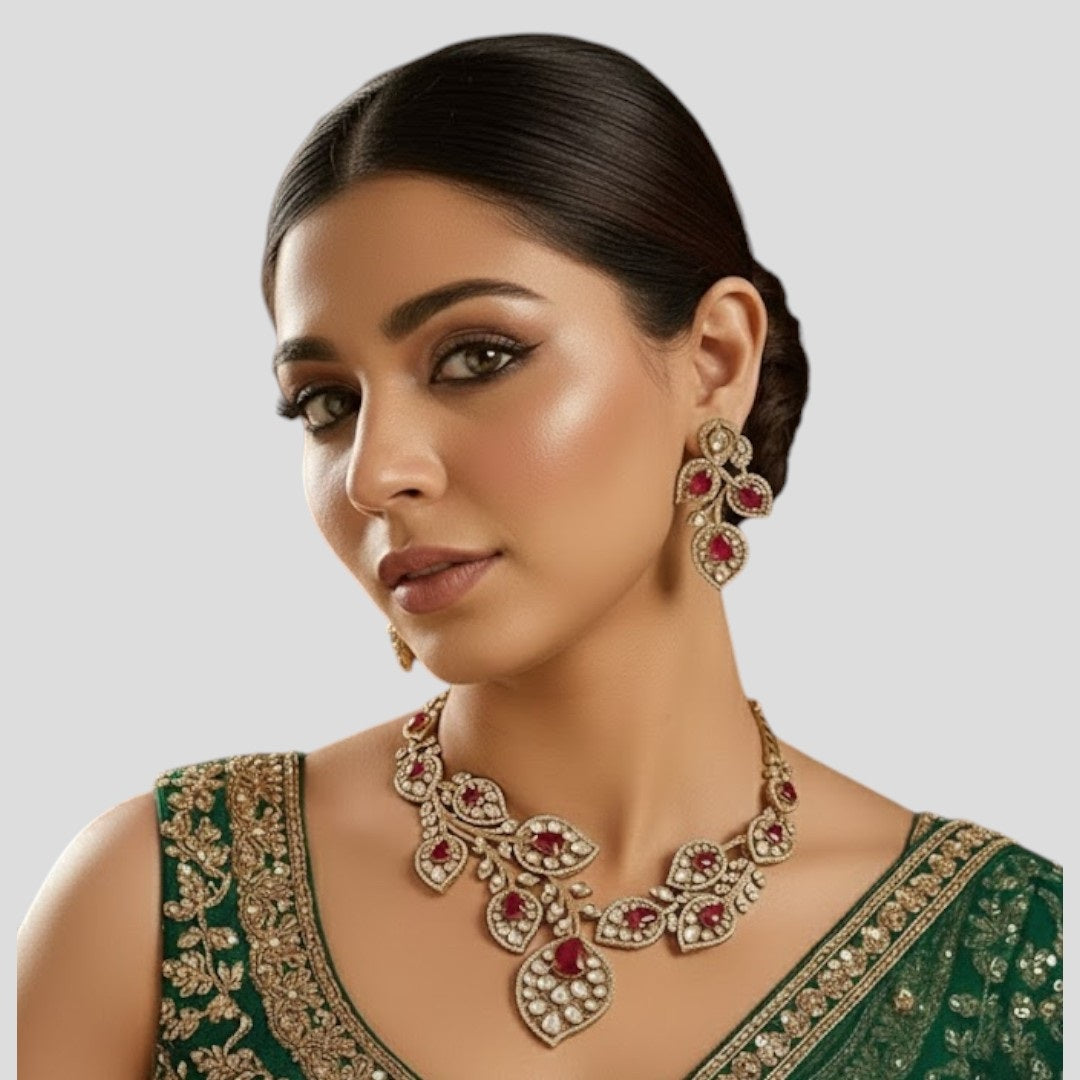 Elegant Red & White Stone Necklace Set with Matching Earrings