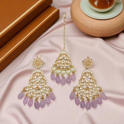 Kundan Pearl Bridal Necklace Set with Pink Beads & Maang Tikka