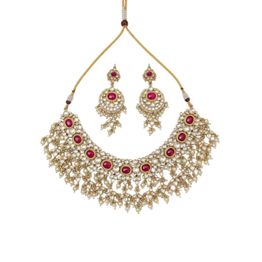 Gold-Plated Kundan Choker Necklace Set with Ruby Red Stones, Pearls & Maang Tikka