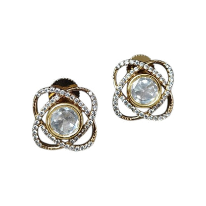 Elegant Gold-Plated Kundan Stud Earrings with Crystal Accents