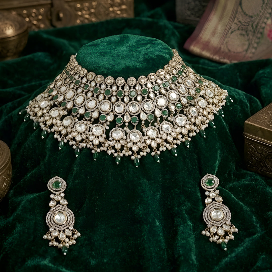 Emerald green stone Kundan bridal choker necklace set with crystal detailing and matching long earrings