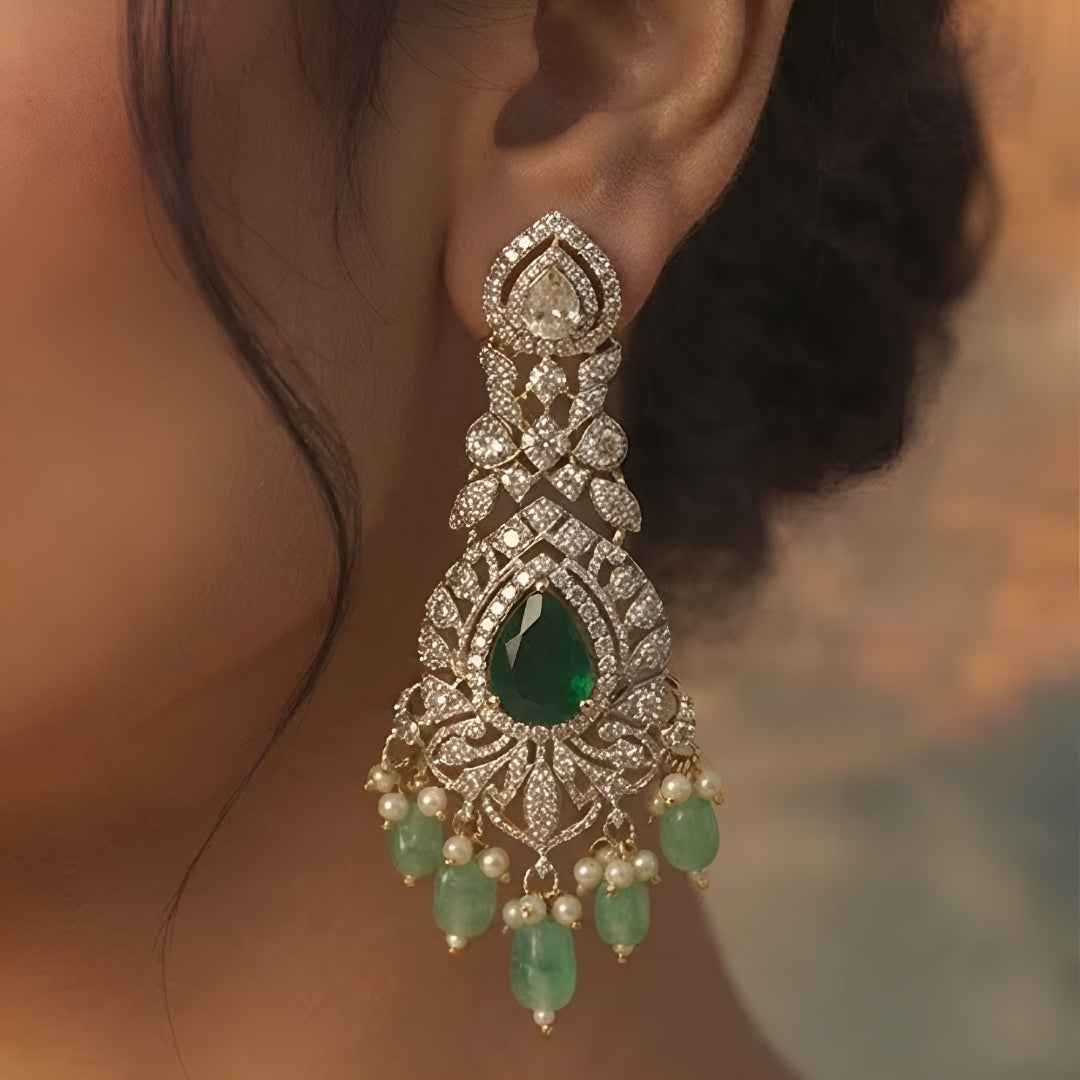 Luxury green stone Kundan choker necklace set with matching long earrings and green bead drops for bridal and wedding wear