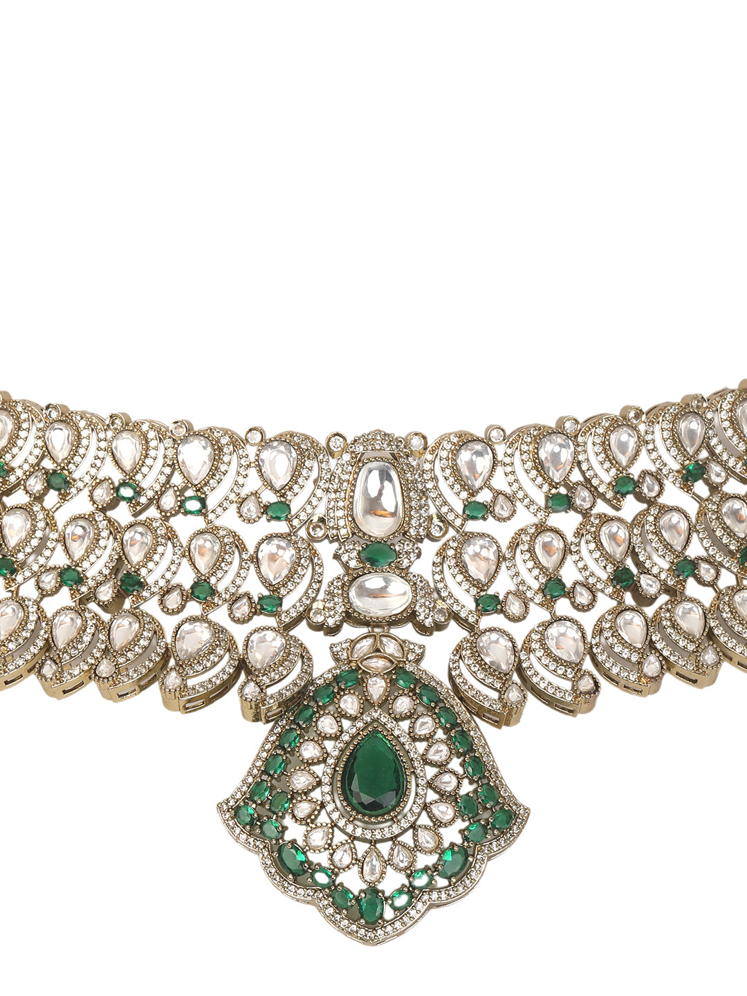 Traditional Kundan choker necklace set with green stones and matching earrings