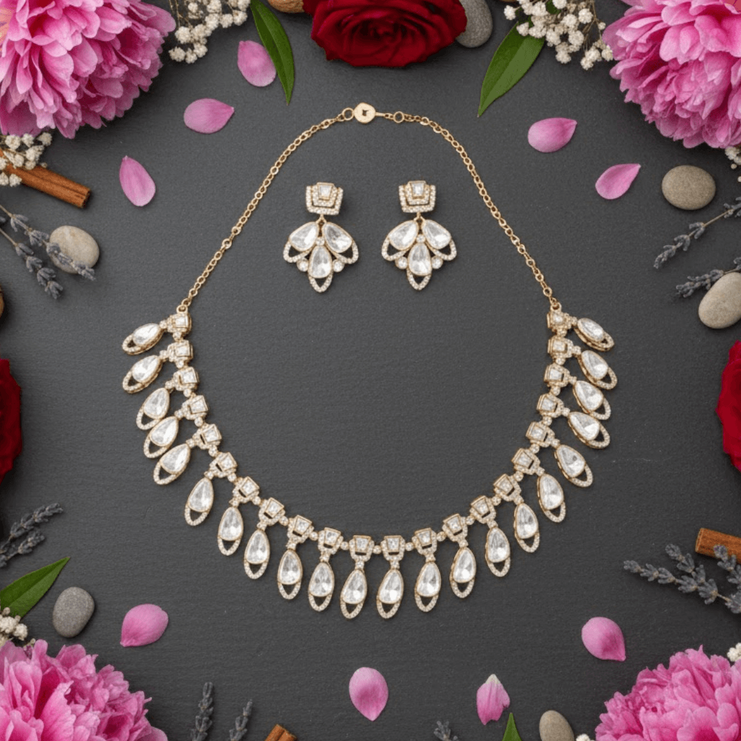 Gold-Plated White AD Stone Bridal Necklace Set with Earrings