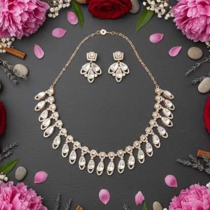 Gold-Plated White AD Stone Bridal Necklace Set with Earrings