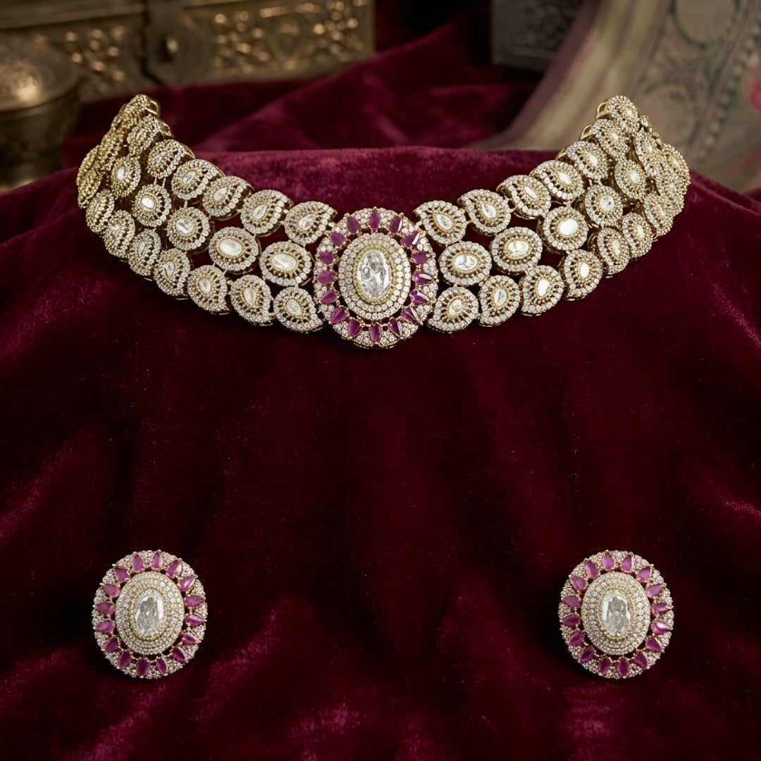 Royal pink stone and American diamond bridal choker necklace set with matching earrings in antique gold finish