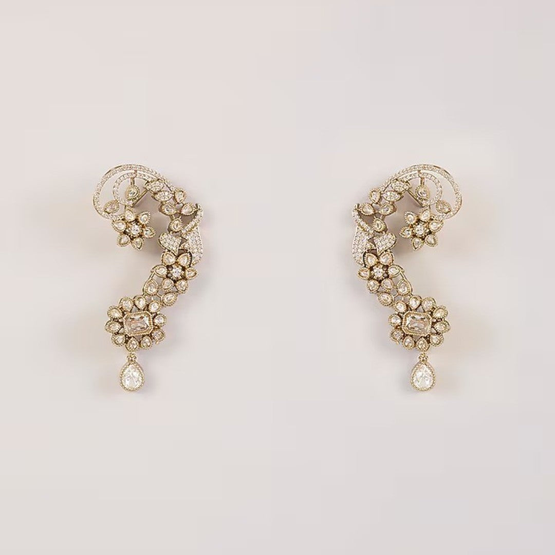 Gold-plated Kundan ear cuff earrings with floral crystal design and teardrop danglers for women