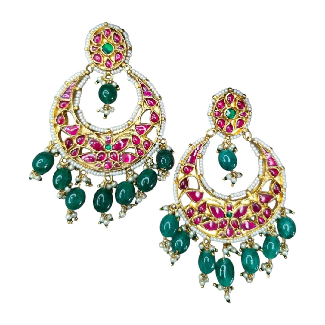 Gold-Plated Meenakari Chandbali Earrings with Green Beads and Pink Enamel Work