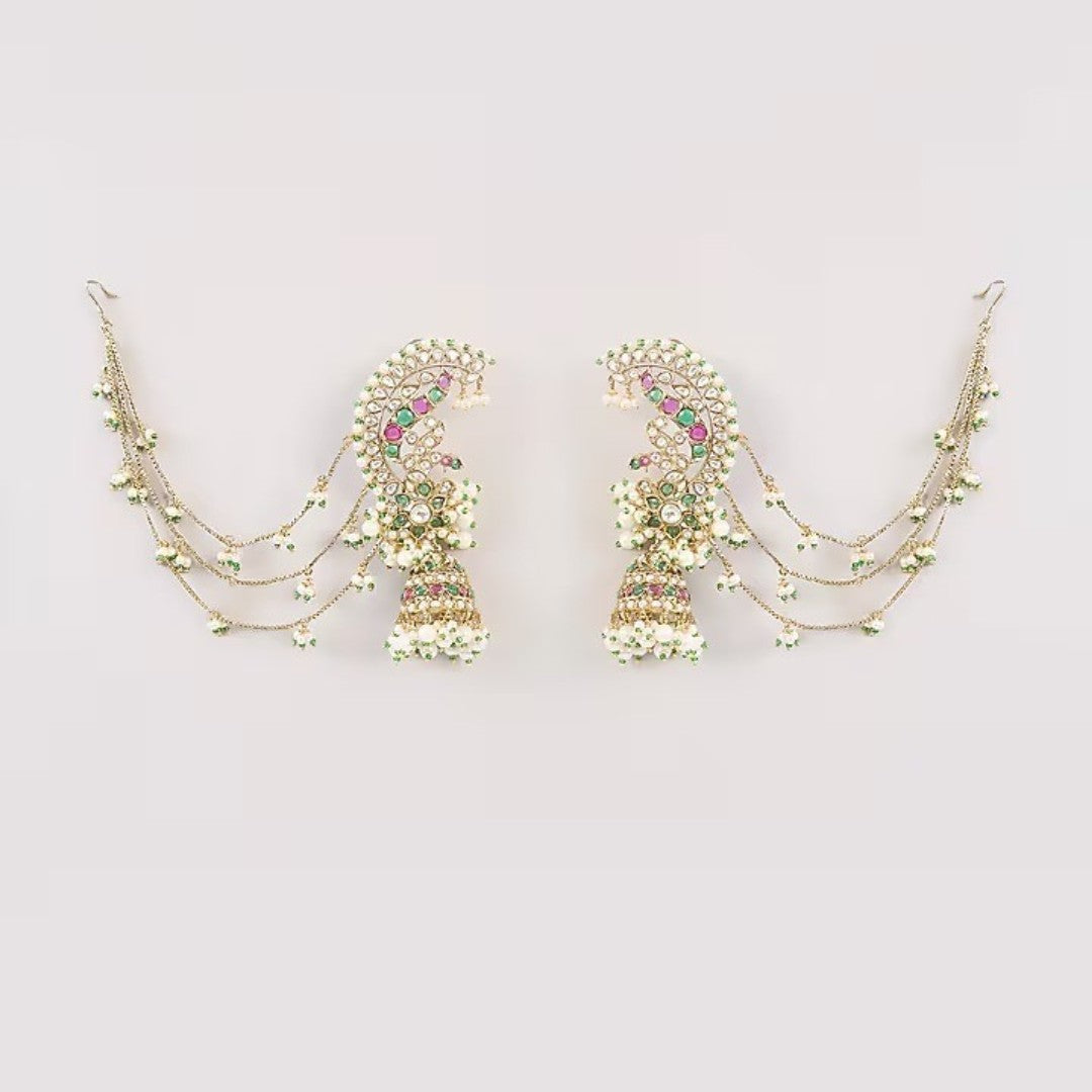 Designer Kundan Ear Cuff Jhumka Earrings with Pearl Chains | Bridal Statement Earrings