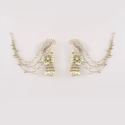 Designer Kundan Ear Cuff Jhumka Earrings with Pearl Chains | Bridal Statement Earrings