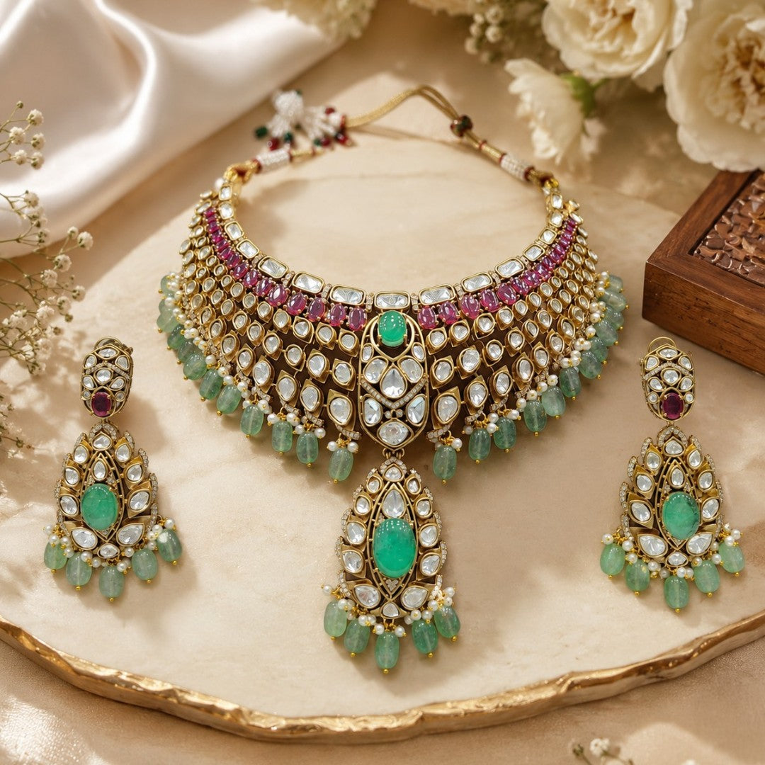 Luxury Green Kundan Bridal Choker Necklace Set with Ruby Stones, Pearl Drops, and Matching Earrings for Wedding and Traditional Wear.