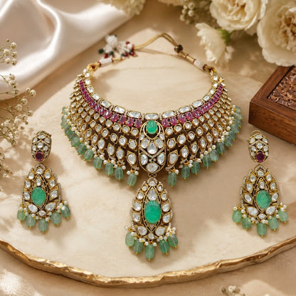 Luxury Green Kundan Bridal Choker Necklace Set with Ruby Stones, Pearl Drops, and Matching Earrings for Wedding and Traditional Wear.