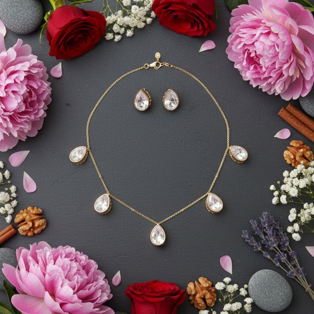 Gold-Plated Pear-Shaped Crystal Pendant Necklace Set with Matching Stud Earrings for Women