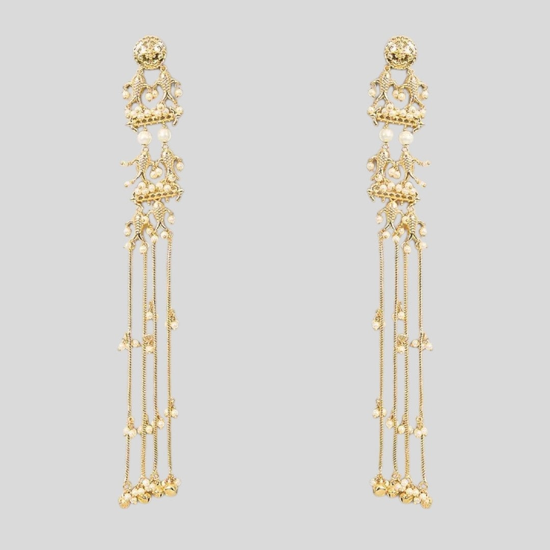Traditional Long Golden Dangler Earrings with Multi-Strand Pearl Chains