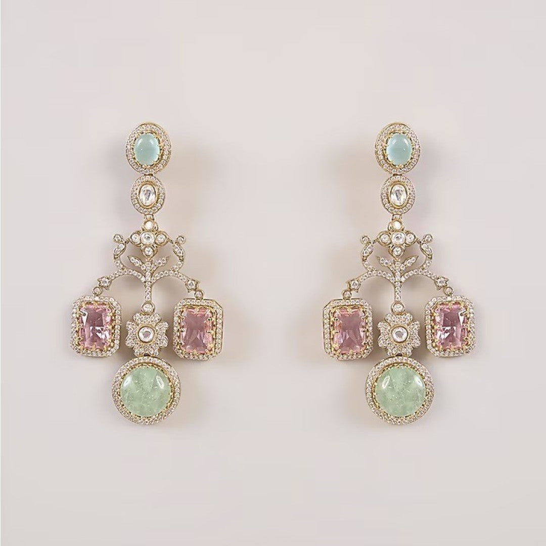Luxury gold plated pastel green and pink stone statement earrings with American diamonds for women, designer wedding and party wear jewelry.
