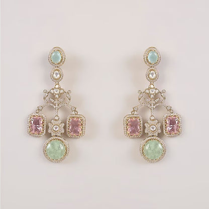 Luxury gold plated pastel green and pink stone statement earrings with American diamonds for women, designer wedding and party wear jewelry.