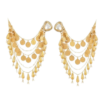 Gold plated Polki ear cuff chain earrings with layered coin charms, tassel drops and pearl accents for bridal and wedding wear.