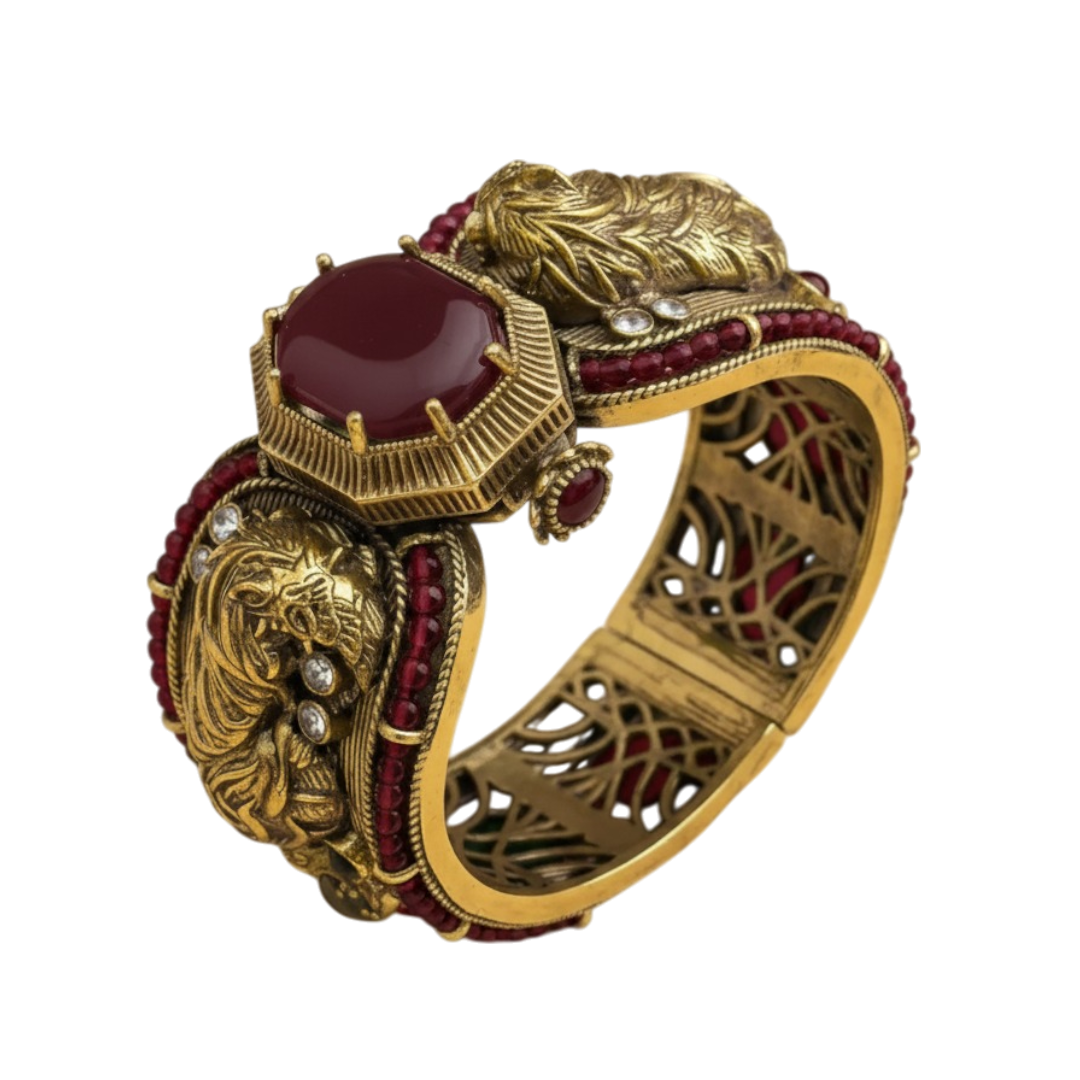 Antique Gold-Plated Green Stone Statement Cuff Bracelet for Women