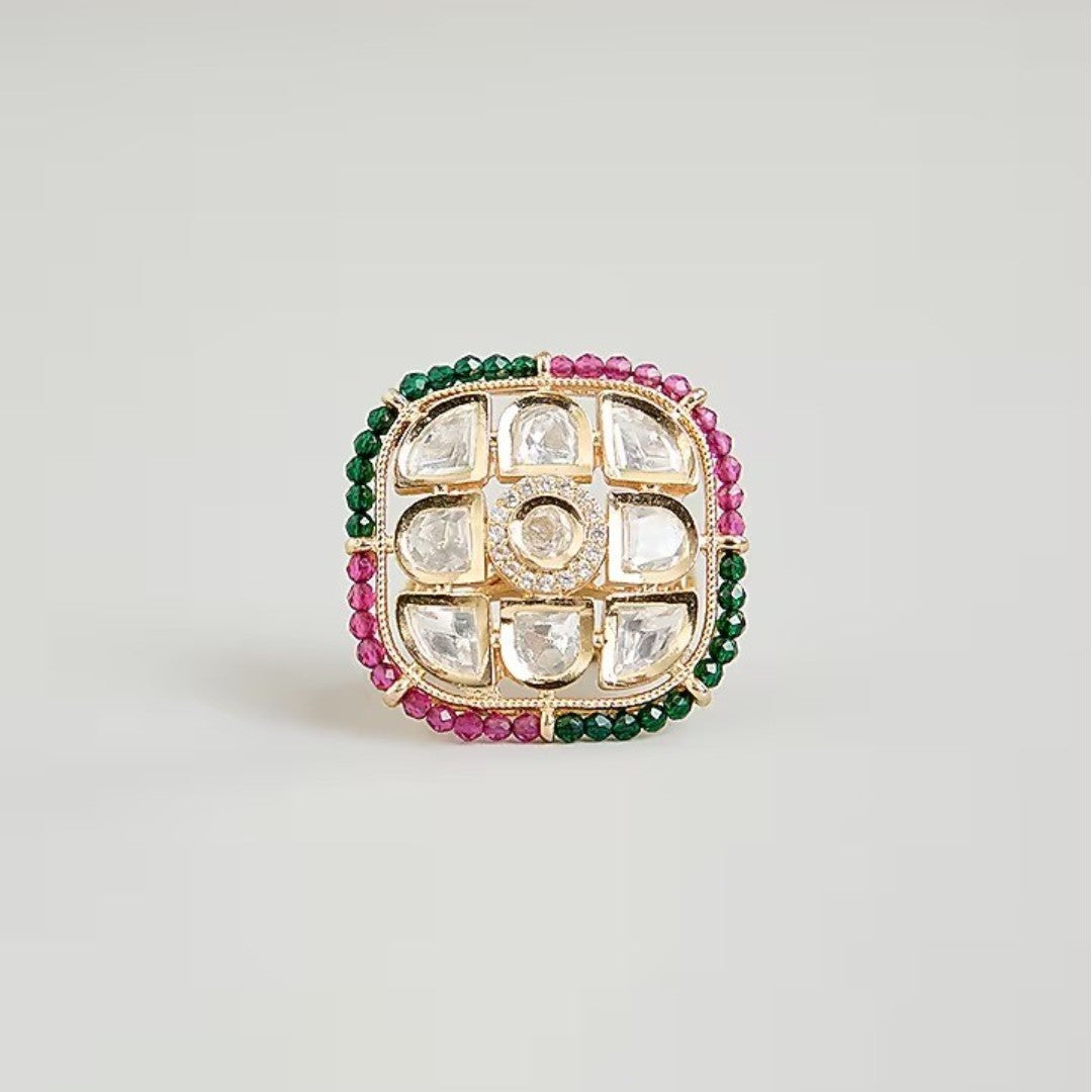 Traditional Kundan Polki Statement Ring with Ruby & Emerald Stones