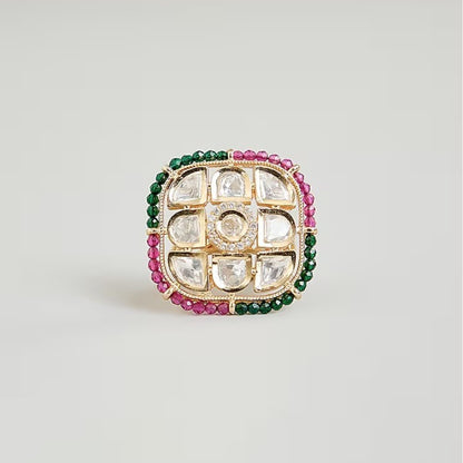 Traditional Kundan Polki Statement Ring with Ruby & Emerald Stones