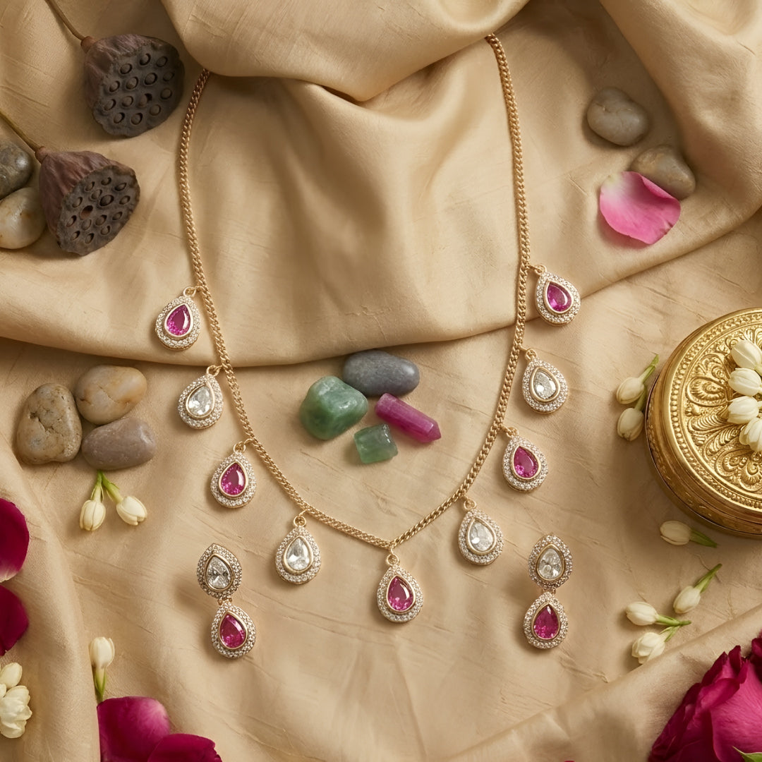 Gold Plated Pink and White Kundan Drop Necklace Set with Matching Earrings for Women Traditional Bridal Wedding Jewelry