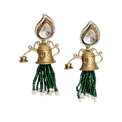 Antique Gold Shivling Temple Bell Tassel Earrings with Green Beads & Kundan Stone | Traditional Ethnic Statement Earrings for Women