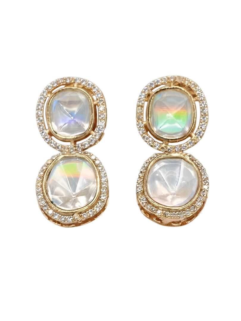 "Gold-plated iridescent double cushion cut crystal drop earrings with CZ halo border, statement party wear earrings on white background"