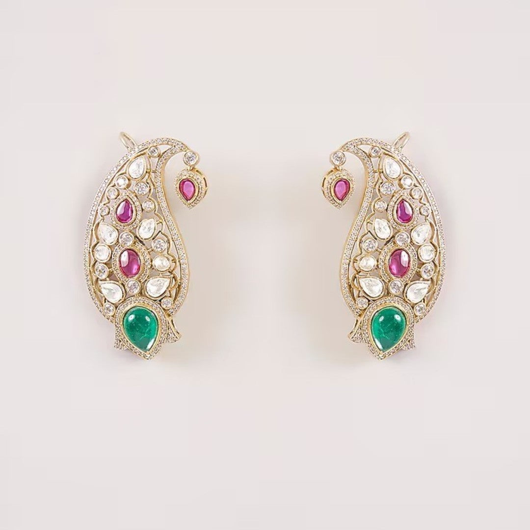 Gold-plated paisley Kundan stud earrings with pink and green stones for women