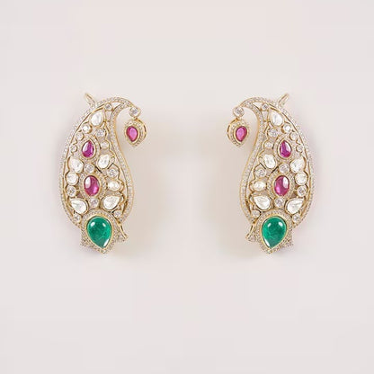 Gold-plated paisley Kundan stud earrings with pink and green stones for women