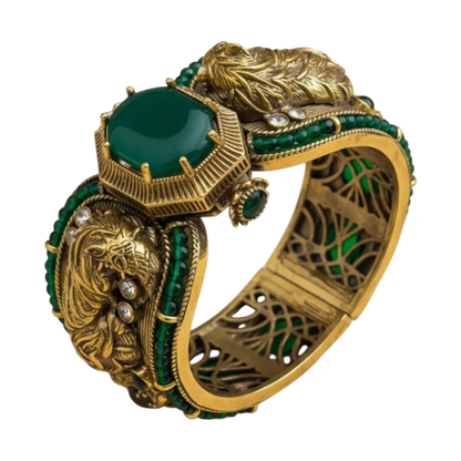 Antique Gold-Plated Green Stone Statement Cuff Bracelet for Women