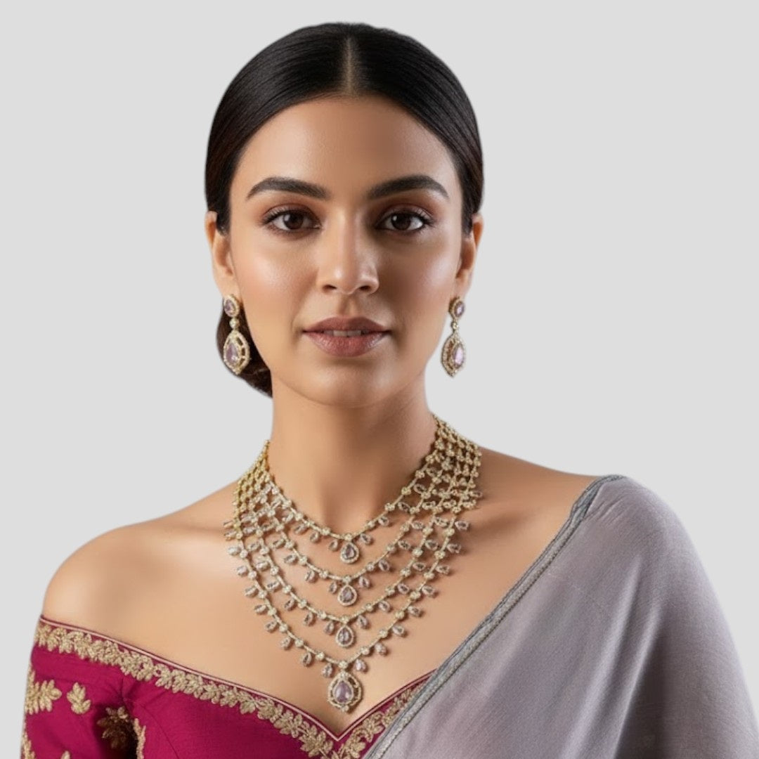 "Multi-layered gold-plated Kundan necklace set with pastel pink and green stones and matching earrings"