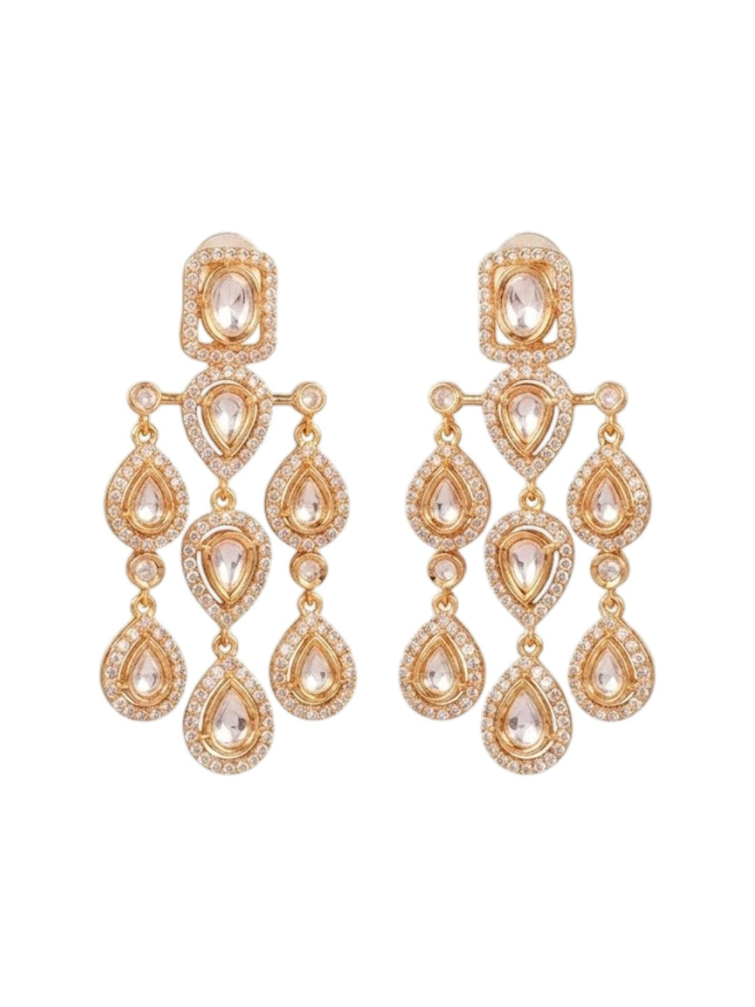 "Gold-plated American Diamond chandelier earrings with multi-tier teardrop CZ clusters, statement party wear earrings on white background"