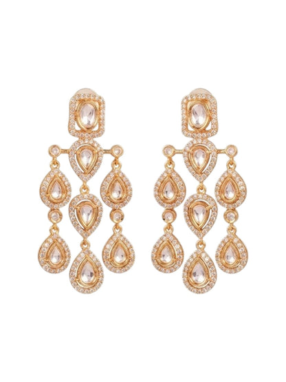 "Gold-plated American Diamond chandelier earrings with multi-tier teardrop CZ clusters, statement party wear earrings on white background"
